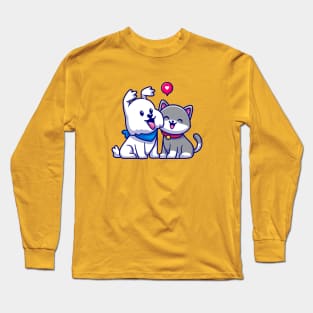 Cute Dog and Cat Friend Cartoon Long Sleeve T-Shirt